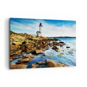 Bild auf Leinwand - Leinwandbild - Ein Leuchtturm an einer felsigen Küste an einem sonnigen Tag - 120x80cm - Komm glücklich zurück, ich warte - Moderne Wanddekoration für Wohnzimmer und Schlafzimmer ARTTOR