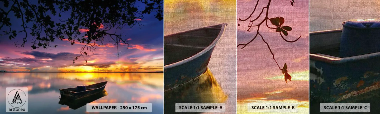 Fototapeten Muster Premium Canvas - Du scheinst mitten am Himmel zu hängen... - Landschaft, Sonnenuntergang, See - 100x30 cm