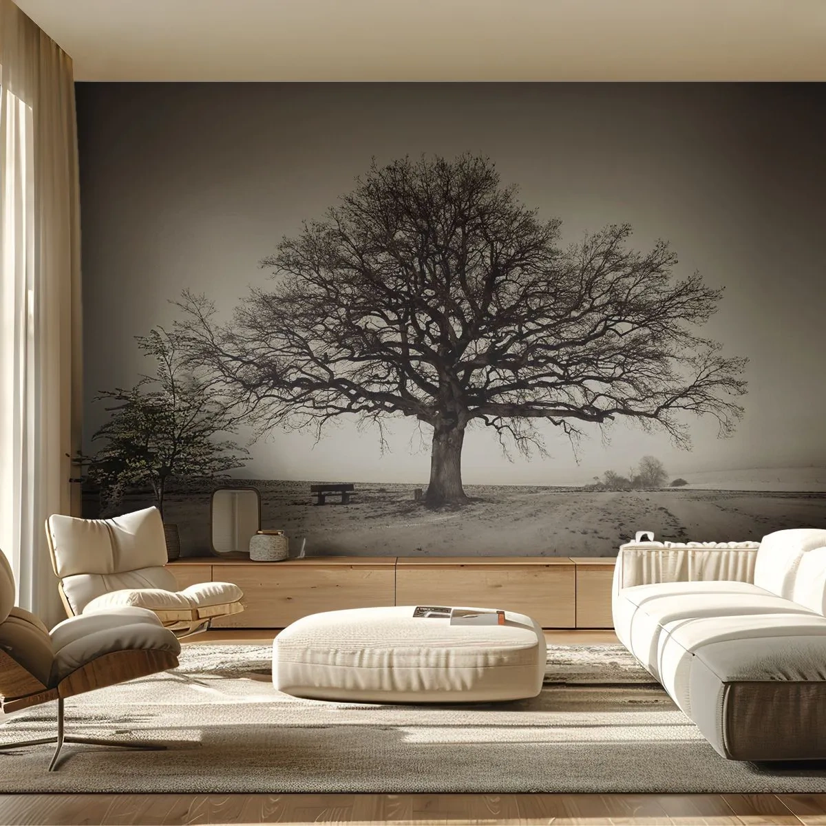 Fototapete Premium Sand - Ein einsamer Baum in einer sepianischen Winterlandschaft - 100x70cm - Von hier zu Ewigkeit - Moderne Wanddekoration für Wohnzimmer und Schlafzimmer ARTTOR