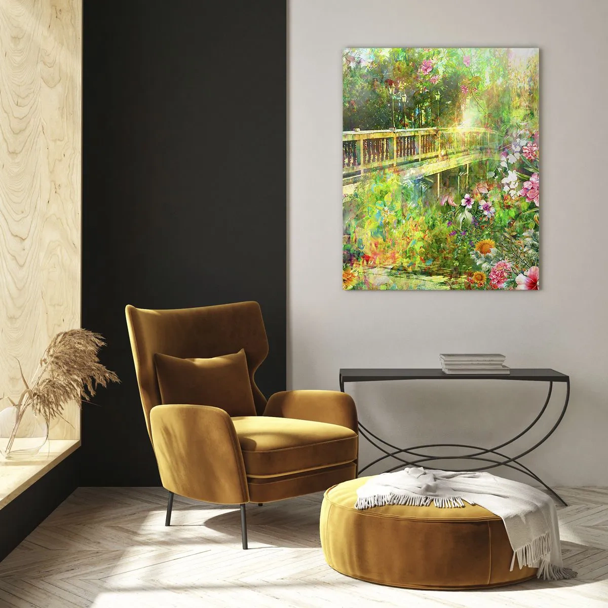 Glasbild - Bild auf glas - Eine Brücke umgeben von üppiger Vegetation und Blumen - 80x120cm - Eine Brücke aus Frühlingsseufzern - Moderne Wanddekoration für Wohnzimmer und Schlafzimmer ARTTOR