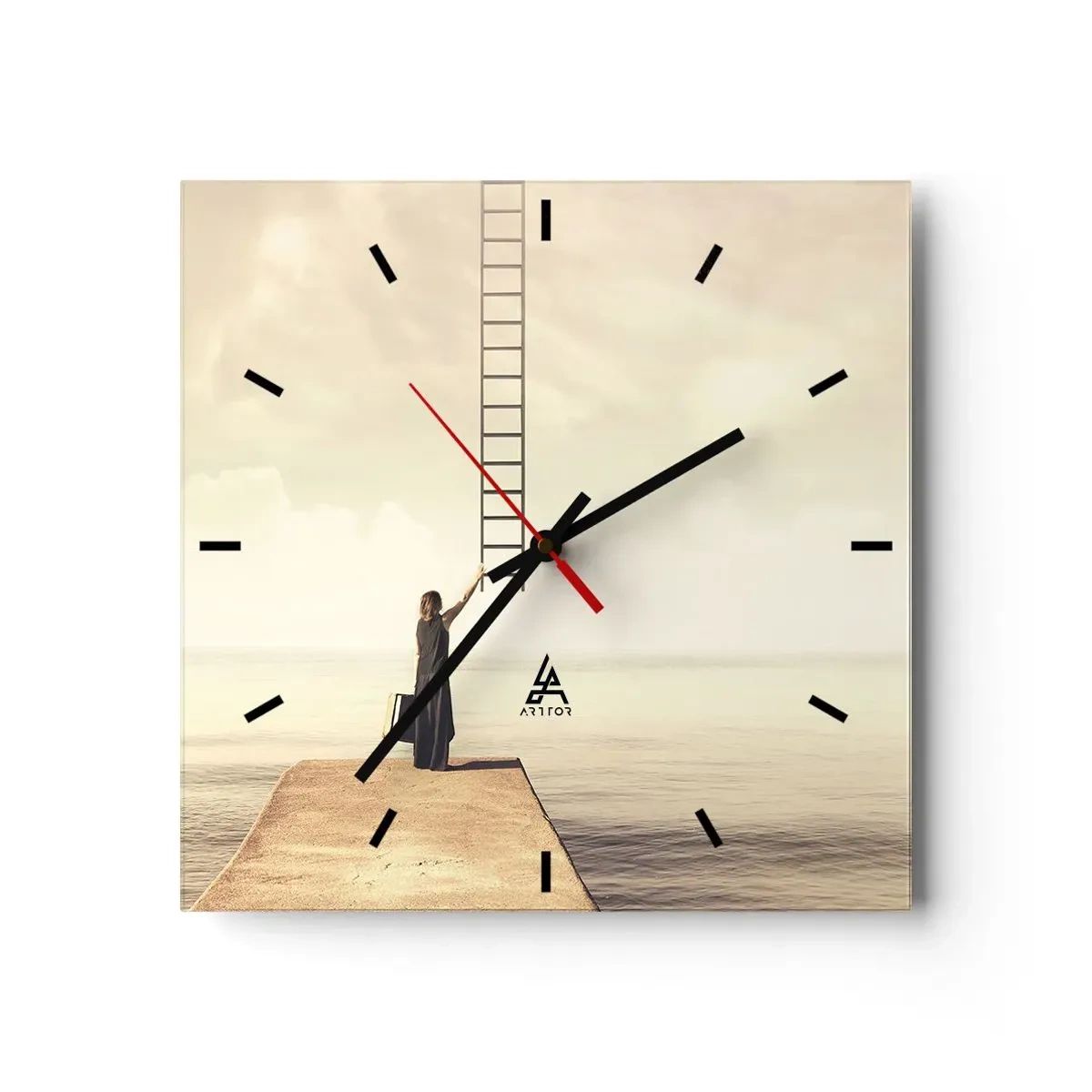 Wanduhr - Glasuhr - Eine Frau steht auf einem Pier mit einer Leiter, die in den Himmel führt - 30x30cm - Eine magische Reise - Moderne Wanddekoration für Wohnzimmer und Schlafzimmer ARTTOR