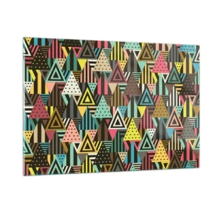 Glasbild - Bild auf glas - Eine abstrakte Komposition mit Dreiecken in intensiven Farben. - 120x80cm - Im Rhythmus auf drei - Moderne Wanddekoration für Wohnzimmer und Schlafzimmer ARTTOR