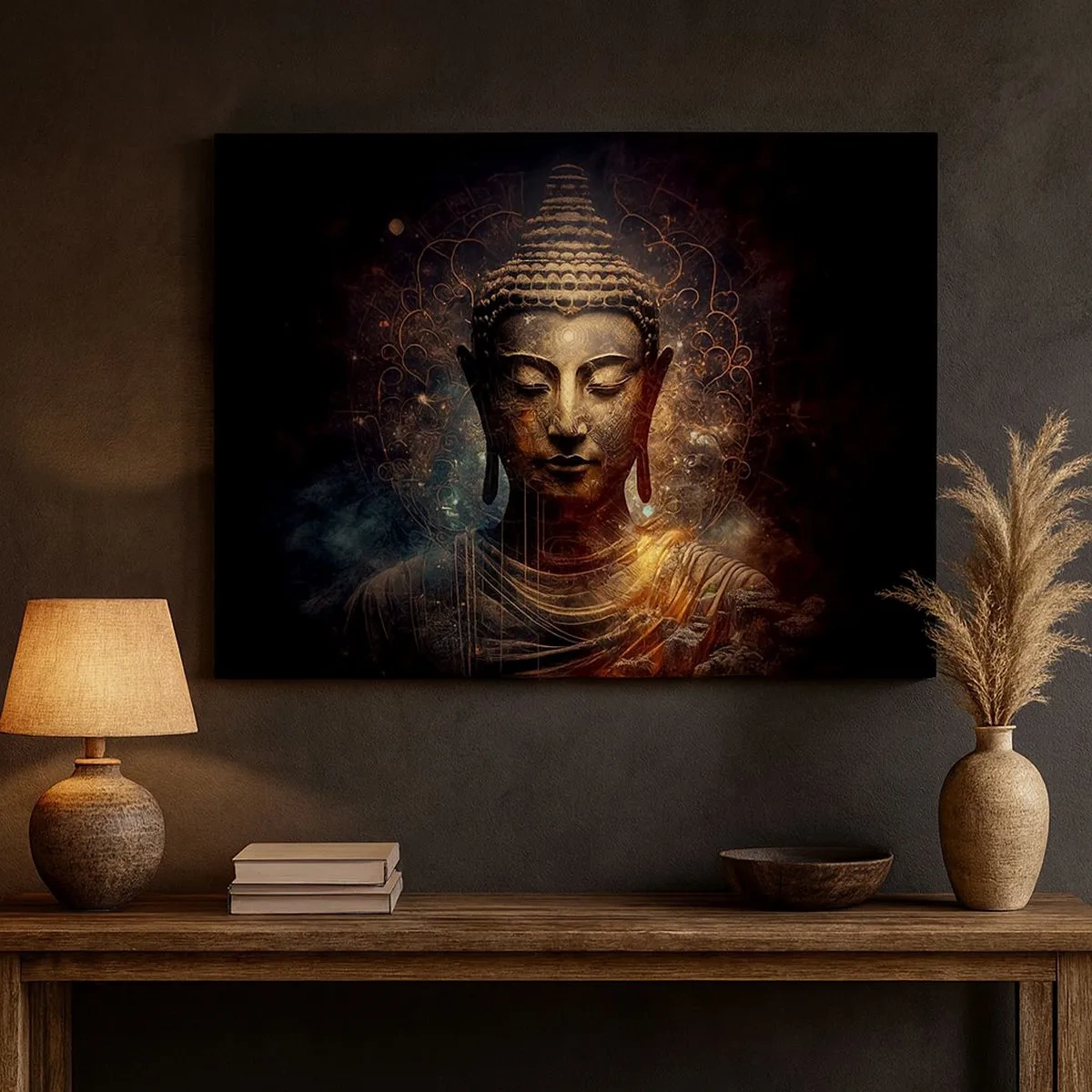 Bild auf Leinwand - Leinwandbild - Goldener Buddha auf dunklem Hintergrund mit Ornamenten - 70x50cm - Spirituelles Gleichgewicht - Moderne Wanddekoration für Wohnzimmer und Schlafzimmer ARTTOR