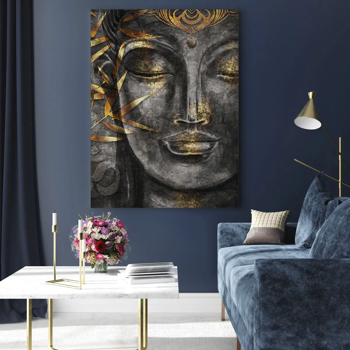 Glasbild - Bild auf glas - Zen-Buddha-Bild mit goldenem Bambus - 80x120cm - Fühle den Frieden - Moderne Wanddekoration für Wohnzimmer und Schlafzimmer ARTTOR