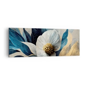 Bild auf Leinwand - Leinwandbild - Eine Blume mit blauen Blättern auf einem eleganten Hintergrund - 140x50cm - Er hat ein Herz aus Gold - Moderne Wanddekoration für Wohnzimmer und Schlafzimmer ARTTOR