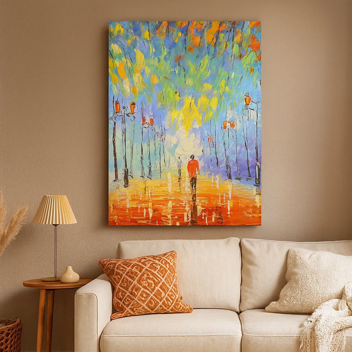 Bild auf Leinwand - Leinwandbild - Ein malerischer Spaziergang zwischen den Laternen in einer regnerischen Nacht - 50x70cm - Nachtlied des Regens - Moderne Wanddekoration für Wohnzimmer und Schlafzimmer ARTTOR