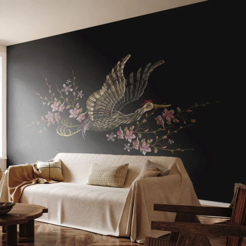 Fototapete Premium Sand - Exotischer gestickter Vogel - Vogel, Grafik, Blumen - 350x256 cm