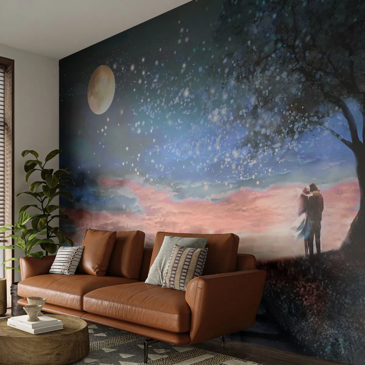 Fototapete Premium Sand - Romantisches Paar unter einem Baum im Mondlicht - 100x70cm - Ein sternenklares Spektakel - Moderne Wanddekoration für Wohnzimmer und Schlafzimmer ARTTOR