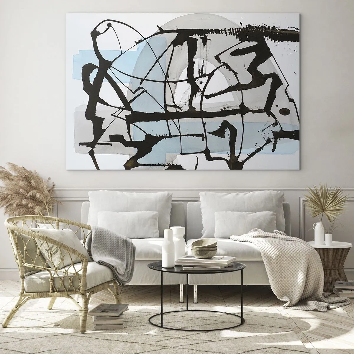 Glasbild - Bild auf glas - Abstrakte Komposition mit schwarzer Skizze und blauen Flecken - 100x70cm - Trotzdem blau - Moderne Wanddekoration für Wohnzimmer und Schlafzimmer ARTTOR