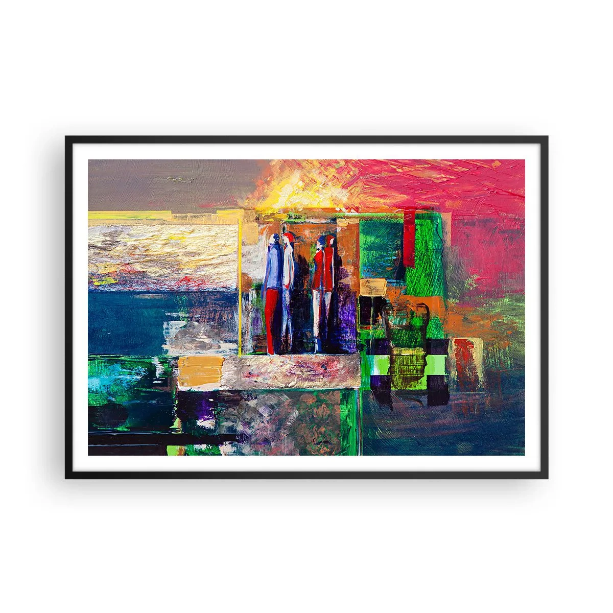 Poster in einem schwarzem Rahmen - Abstrakte Komposition mit Figuren und geometrischen Mustern - 100x70cm - Beziehungen und Emotionen - Moderne Wanddekoration für Wohnzimmer und Schlafzimmer ARTTOR