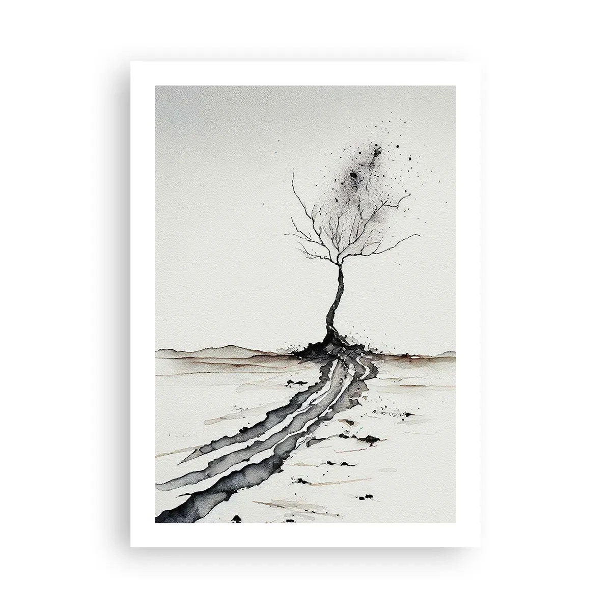 Poster - Ein minimalistischer Baum mit abstrakten Wurzeln - 50x70cm - Wintermelancholie - Moderne Wanddekoration für Wohnzimmer und Schlafzimmer ARTTOR