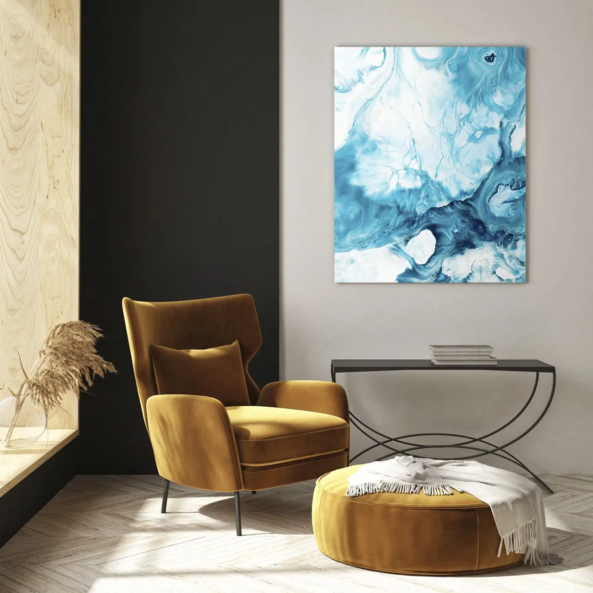 Glasbild - Bild auf glas - Abstrakte Komposition in Blau- und Weißtönen - 50x70cm - Blaues Konzert - Moderne Wanddekoration für Wohnzimmer und Schlafzimmer ARTTOR