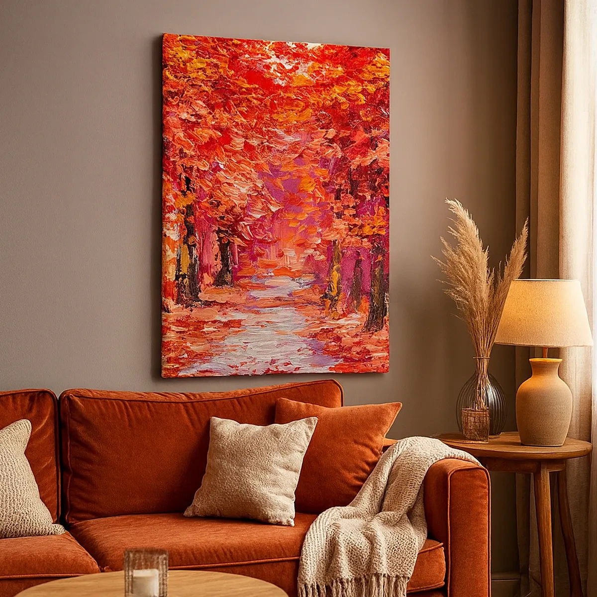 Bild auf Leinwand - Leinwandbild - Eine malerische Gasse in herbstlichen Farben im impressionistischen Stil - 50x70cm - Herbstlicher Eindruck - Moderne Wanddekoration für Wohnzimmer und Schlafzimmer ARTTOR