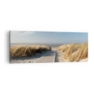 Bild auf Leinwand - Leinwandbild - Ein Holzweg führt durch die Dünen zum ruhigen Meer - 140x50cm - Hinter der Düne, im Rauschen des Grases - Moderne Wanddekoration für Wohnzimmer und Schlafzimmer ARTTOR