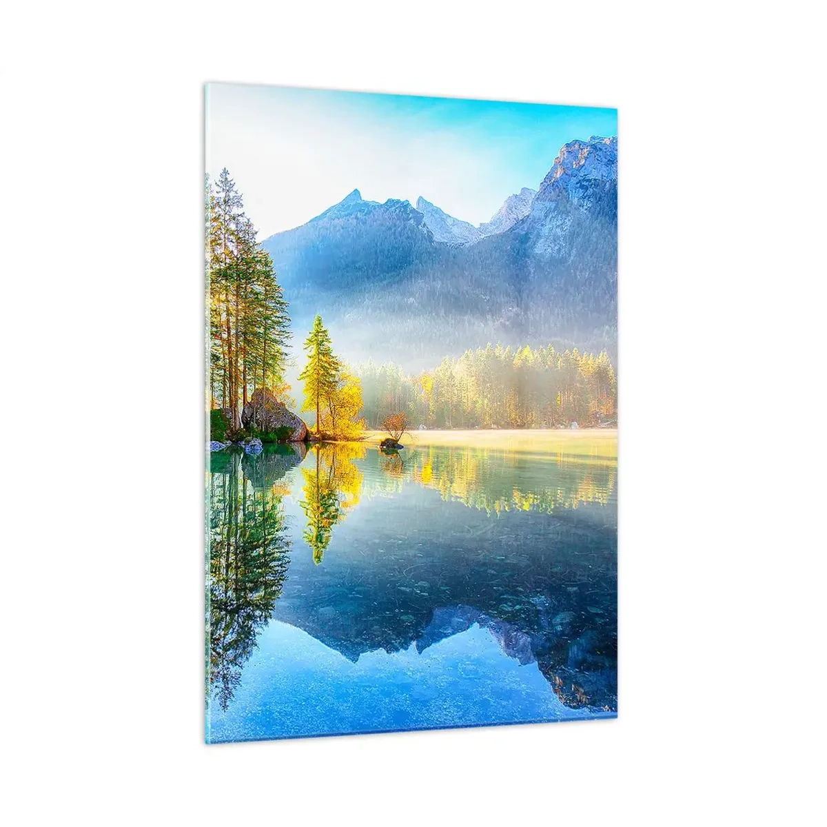Glasbild - Bild auf glas - Berglandschaft mit See und Morgensonne - 50x70cm - Majestät und Süße - Moderne Wanddekoration für Wohnzimmer und Schlafzimmer ARTTOR