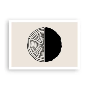 Poster - Ein abstraktes Schwarz-Weiß-Motiv, inspiriert von einem Holzquerschnitt mit geometrischer Unterteilung. - 100x70cm - Halb und halb - Moderne Wanddekoration für Wohnzimmer und Schlafzimmer ARTTOR