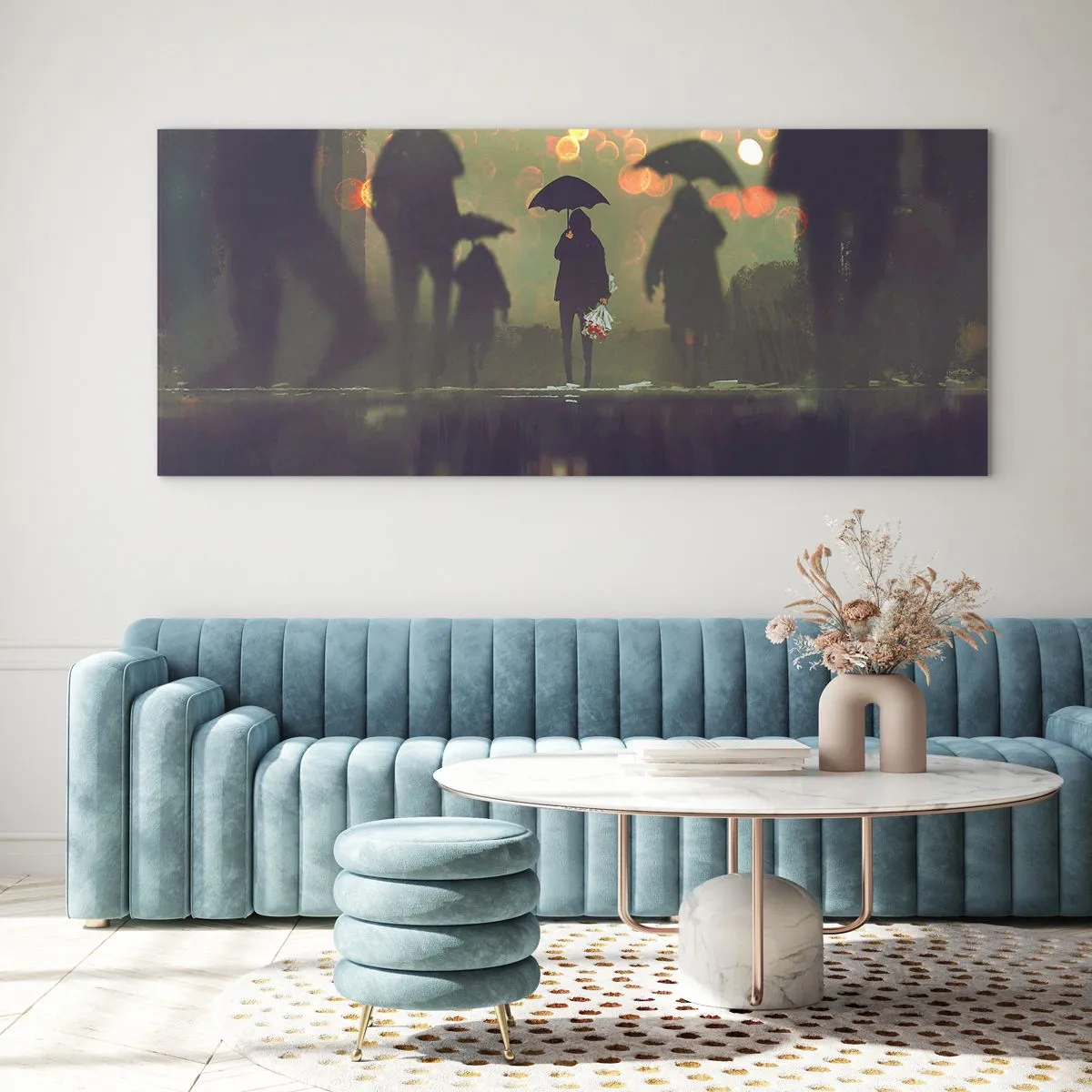 Glasbild - Bild auf glas - Eine Figur mit einem Regenschirm an einem regnerischen Abend zwischen den Lichtern der Stadt - 160x50cm - Aus der Perspektive eines Regentropfens - Moderne Wanddekoration für Wohnzimmer und Schlafzimmer ARTTOR