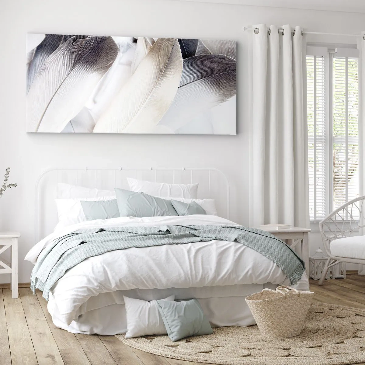Bild auf Leinwand - Leinwandbild - Nahaufnahme zarter Federn in Weiß- und Grautönen - 160x50cm - Fast engelhaft - Moderne Wanddekoration für Wohnzimmer und Schlafzimmer ARTTOR