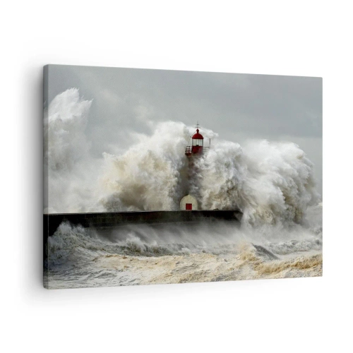 Bild auf Leinwand - Leinwandbild - Ein Leuchtturm, umgeben von rauen Wellen während eines Sturms - 70x50cm - Die Wut des Ozeans - Moderne Wanddekoration für Wohnzimmer und Schlafzimmer ARTTOR