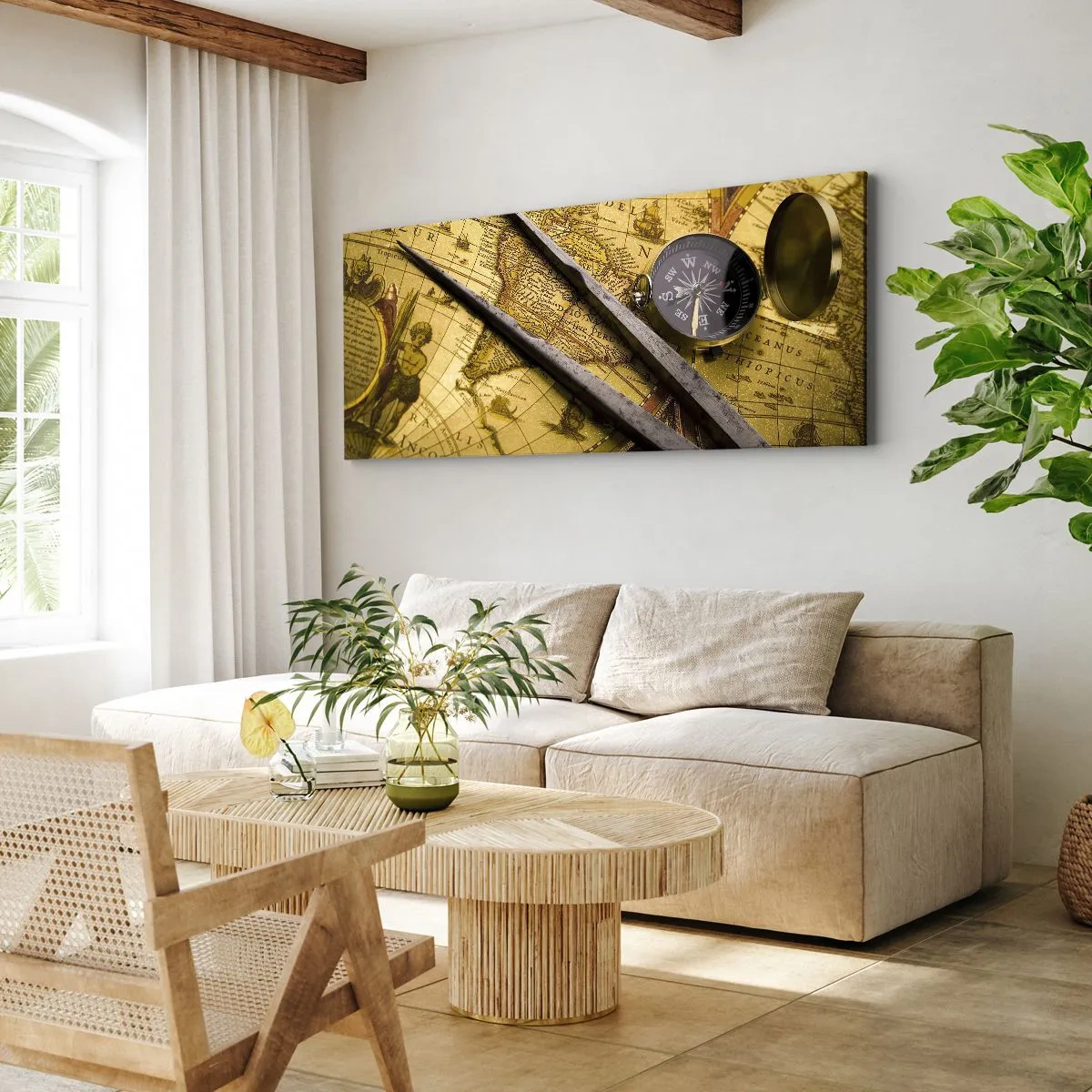 Bild auf Leinwand - Leinwandbild - Eine antike Weltkarte mit einem Kompass und einem Zirkel im Hintergrund - 120x50cm - Wo sind diese Schätze? - Moderne Wanddekoration für Wohnzimmer und Schlafzimmer ARTTOR