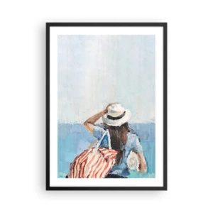 Poster in einem schwarzem Rahmen - Eine Frau mit Hut blickt aufs Meer - 50x70cm - Willkommen in den Sommerferien - Moderne Wanddekoration für Wohnzimmer und Schlafzimmer ARTTOR
