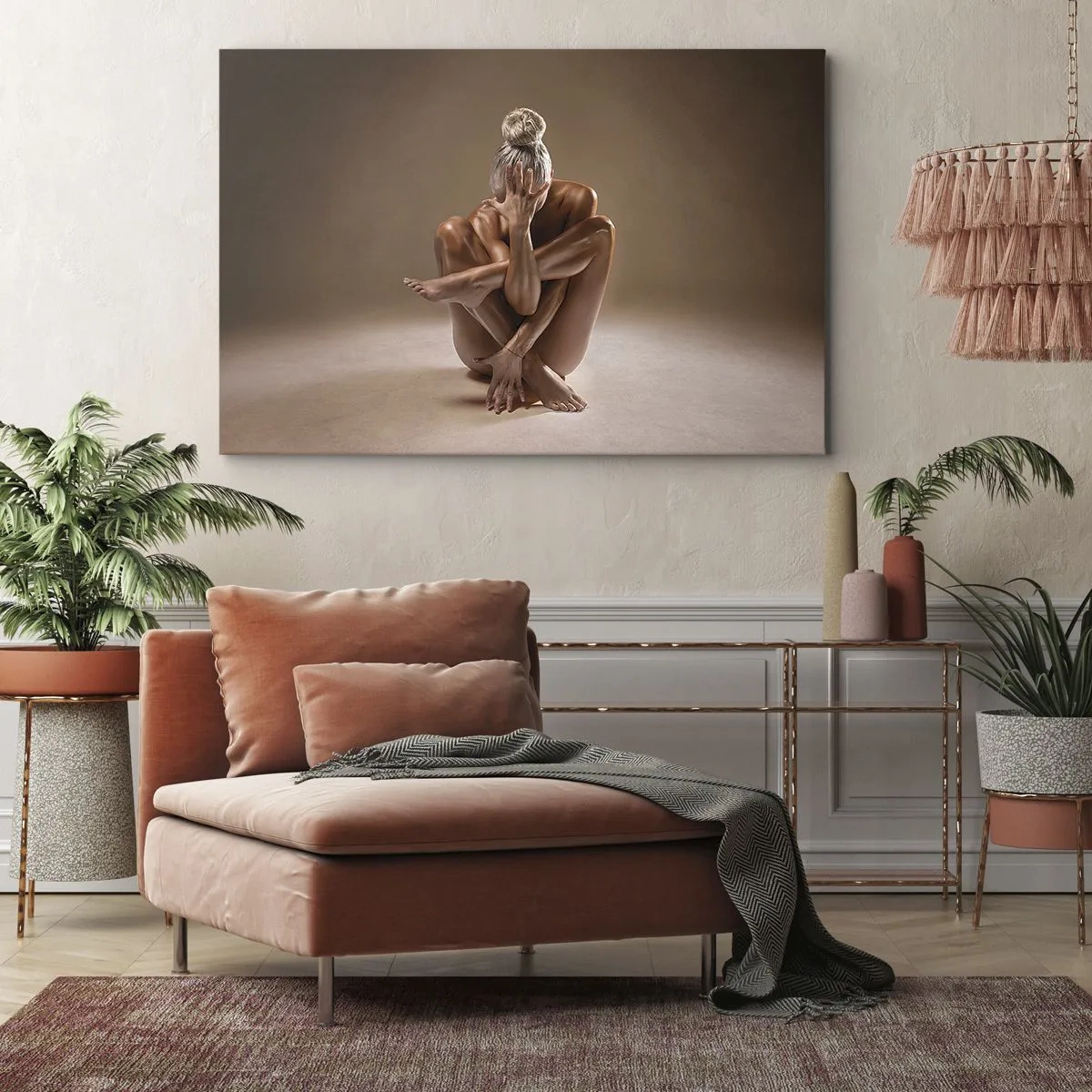 Bild auf Leinwand - Leinwandbild - Künstlerische Silhouette einer Frau auf beigem Hintergrund - 120x80cm - Die Einheit von Körper und Geist - Moderne Wanddekoration für Wohnzimmer und Schlafzimmer ARTTOR