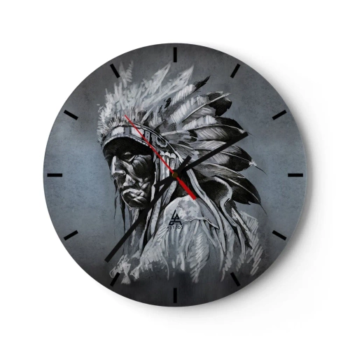 Wanduhr - Glasuhr - Porträt eines Kriegers mit Federschmuck vor grauem Hintergrund - 30x30cm - Zurück zu den Wurzeln - Moderne Wanddekoration für Wohnzimmer, Küche und Schlafzimmer ARTTOR