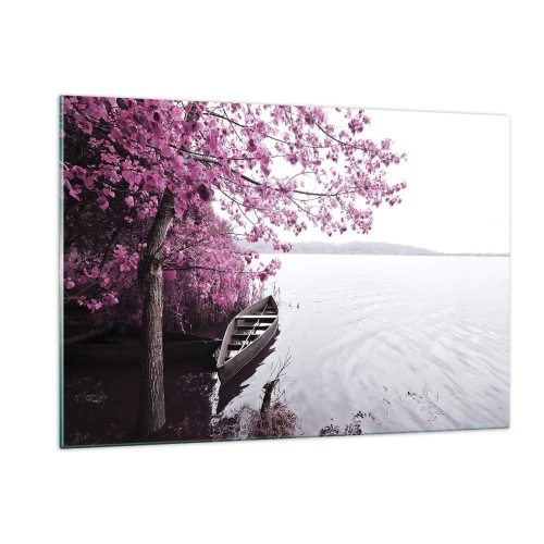 Glasbild - Bild auf glas - Ein Boot am Ufer mit einem rosa Baum über dem Wasser - 120x80cm - In rosa Stille - Moderne Wanddekoration für Wohnzimmer und Schlafzimmer ARTTOR
