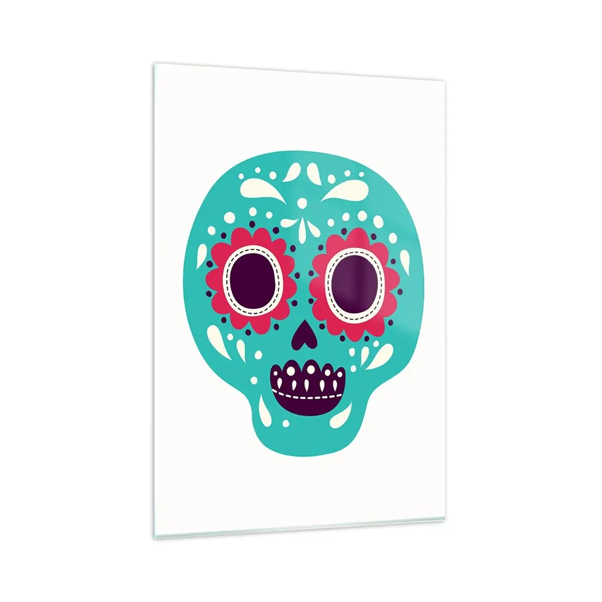 Glasbild - Bild auf glas - Ein türkis-violetter Zuckerschädel, inspiriert von der mexikanischen Kultur - 80x120cm - Das Leben – Spaß bis zum Tod - Moderne Wanddekoration für Wohnzimmer und Schlafzimmer ARTTOR