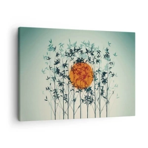 Bild auf Leinwand - Leinwandbild - Orange Sonne zwischen den Bambuszweigen - 70x50cm - Japanische Sonne - Moderne Wanddekoration für Wohnzimmer und Schlafzimmer ARTTOR
