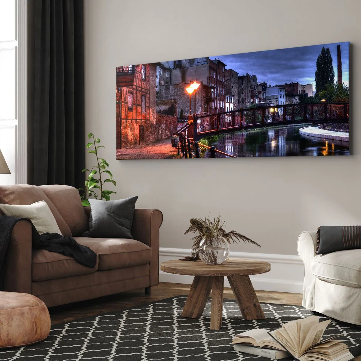 Bild auf Leinwand - Leinwandbild - Abendlicher Blick auf die Mietshäuser und die Brücke über den Kanal - 120x50cm - Solches Bydgoszcz kannte man nicht - Moderne Wanddekoration für Wohnzimmer und Schlafzimmer ARTTOR