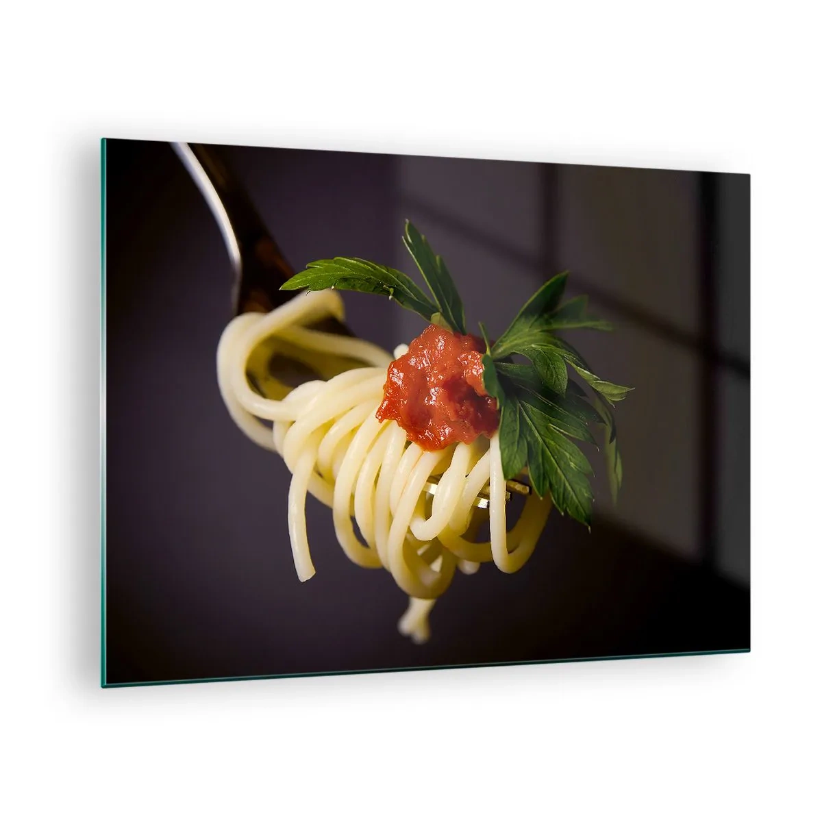 Glasbild - Bild auf glas - Spaghetti auf einer Gabel mit Tomatensauce - 70x50cm - Ein leckerer Bissen - Moderne Wanddekoration für Wohnzimmer und Schlafzimmer ARTTOR