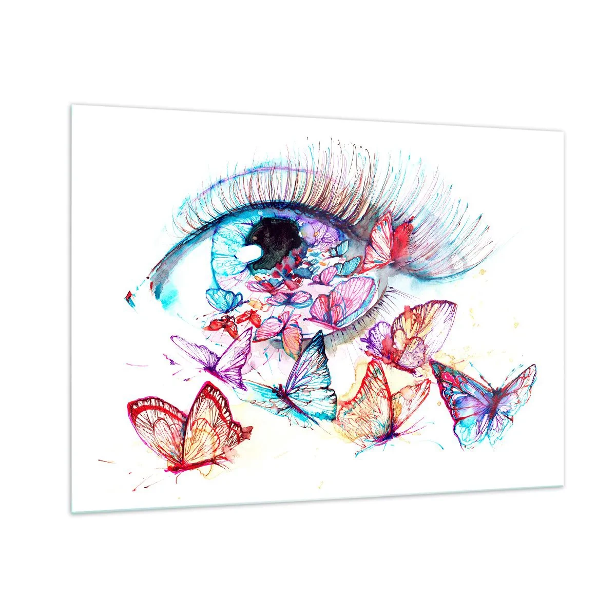 Glasbild - Bild auf glas - Das Auge einer Frau, umgeben von bunten Aquarellschmetterlingen - 100x70cm - Märchenhafter Augenzauber - Moderne Wanddekoration für Wohnzimmer und Schlafzimmer ARTTOR