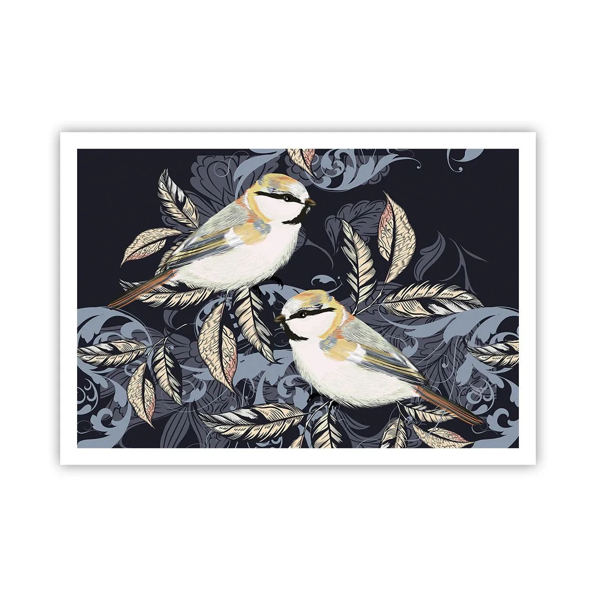 Poster - Vögel auf Zweigen vor ornamentalem Hintergrund - 100x70cm - Gelb-blauer Triller - Moderne Wanddekoration für Wohnzimmer und Schlafzimmer ARTTOR