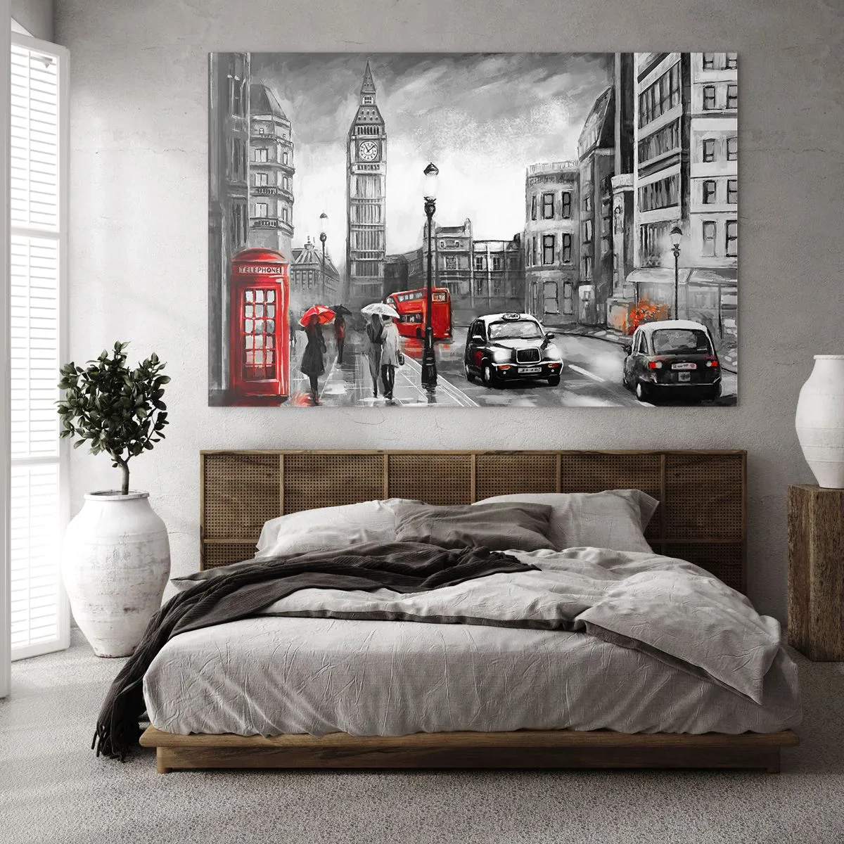 Glasbild - Bild auf glas - Big Ben und die Straßen von London mit roten Akzenten auf grauem Hintergrund - 100x70cm - Gar keine graue Stadt - Moderne Wanddekoration für Wohnzimmer und Schlafzimmer ARTTOR