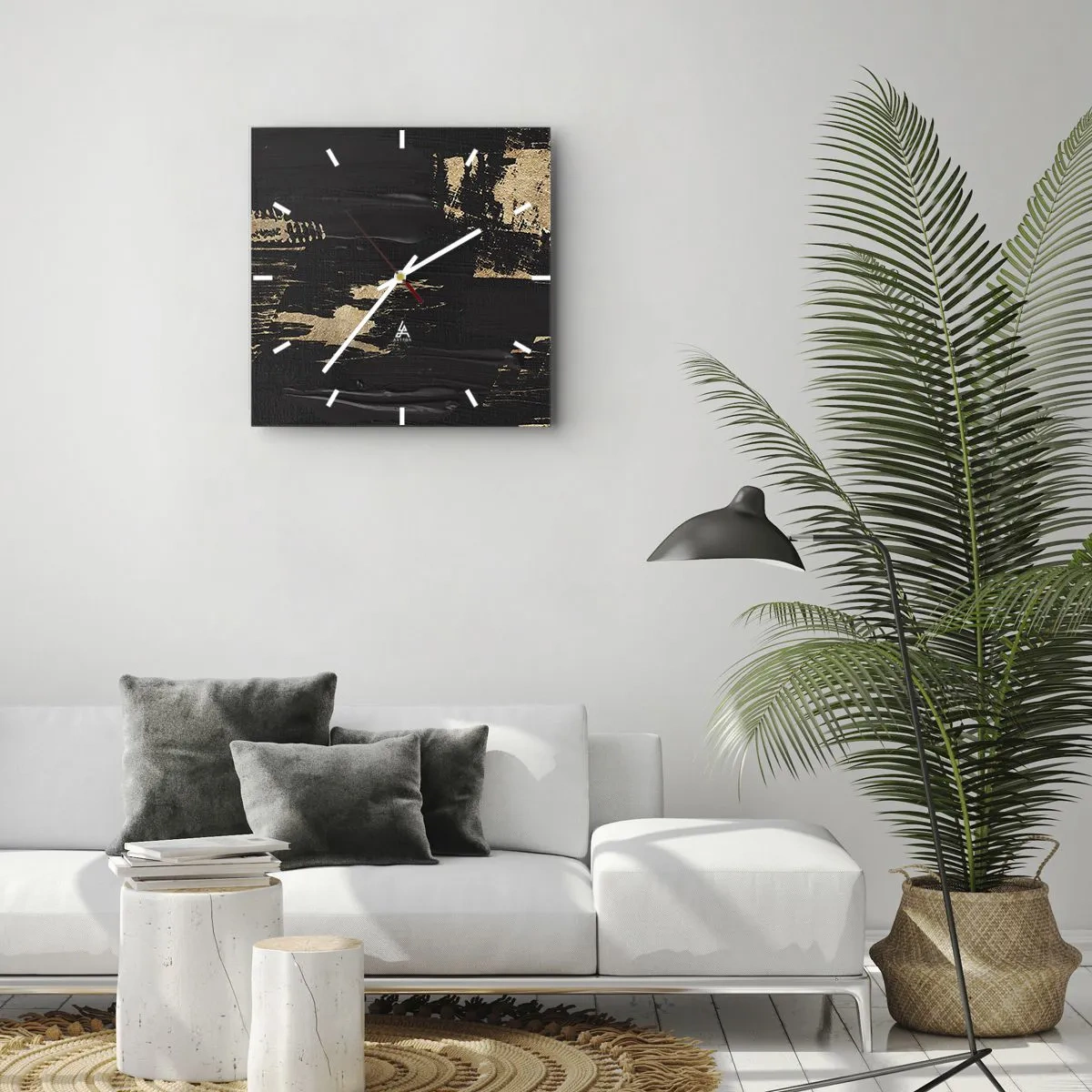 Wanduhr - Glasuhr - Abstrakte Komposition in Schwarz- und Goldtönen - 30x30cm - Spur einer Berührung - Moderne Wanddekoration für Wohnzimmer und Schlafzimmer ARTTOR