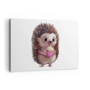 Bild auf Leinwand - Leinwandbild - Ein süßer Igel mit einem Cupcake - 120x80cm - Der Feiertag ist jeden Tag - Moderne Wanddekoration für Wohnzimmer und Schlafzimmer ARTTOR