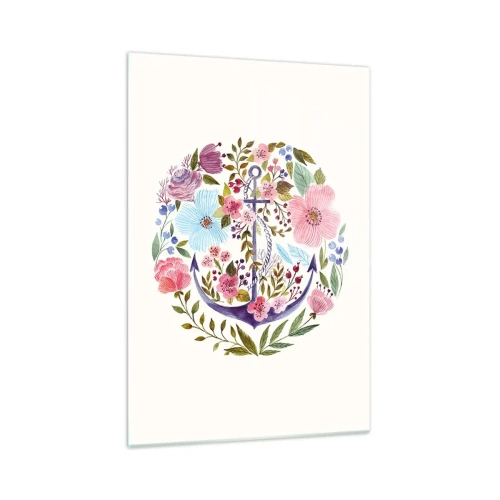 Glasbild - Bild auf glas - Ein Anker, umgeben von Aquarellblumen auf hellem Hintergrund - 70x100cm - Guter Traum eines Seemanns - Moderne Wanddekoration für Wohnzimmer und Schlafzimmer ARTTOR