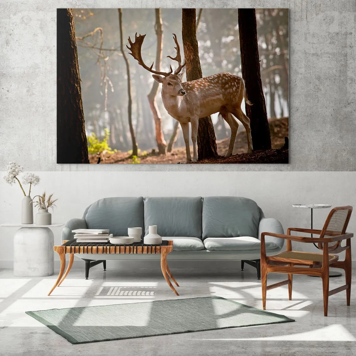 Glasbild - Bild auf glas - Ein Reh im Wald, umgeben von Morgennebel - 70x50cm - Das Licht der Jugend - Moderne Wanddekoration für Wohnzimmer und Schlafzimmer ARTTOR