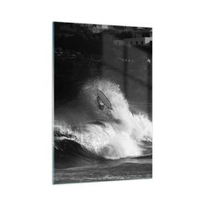 Glasbild - Bild auf glas - Ein Surfer, der eine Welle reitet, in Monochrom - 70x100cm - Herausforderung angenommen! - Moderne Wanddekoration für Wohnzimmer und Schlafzimmer ARTTOR