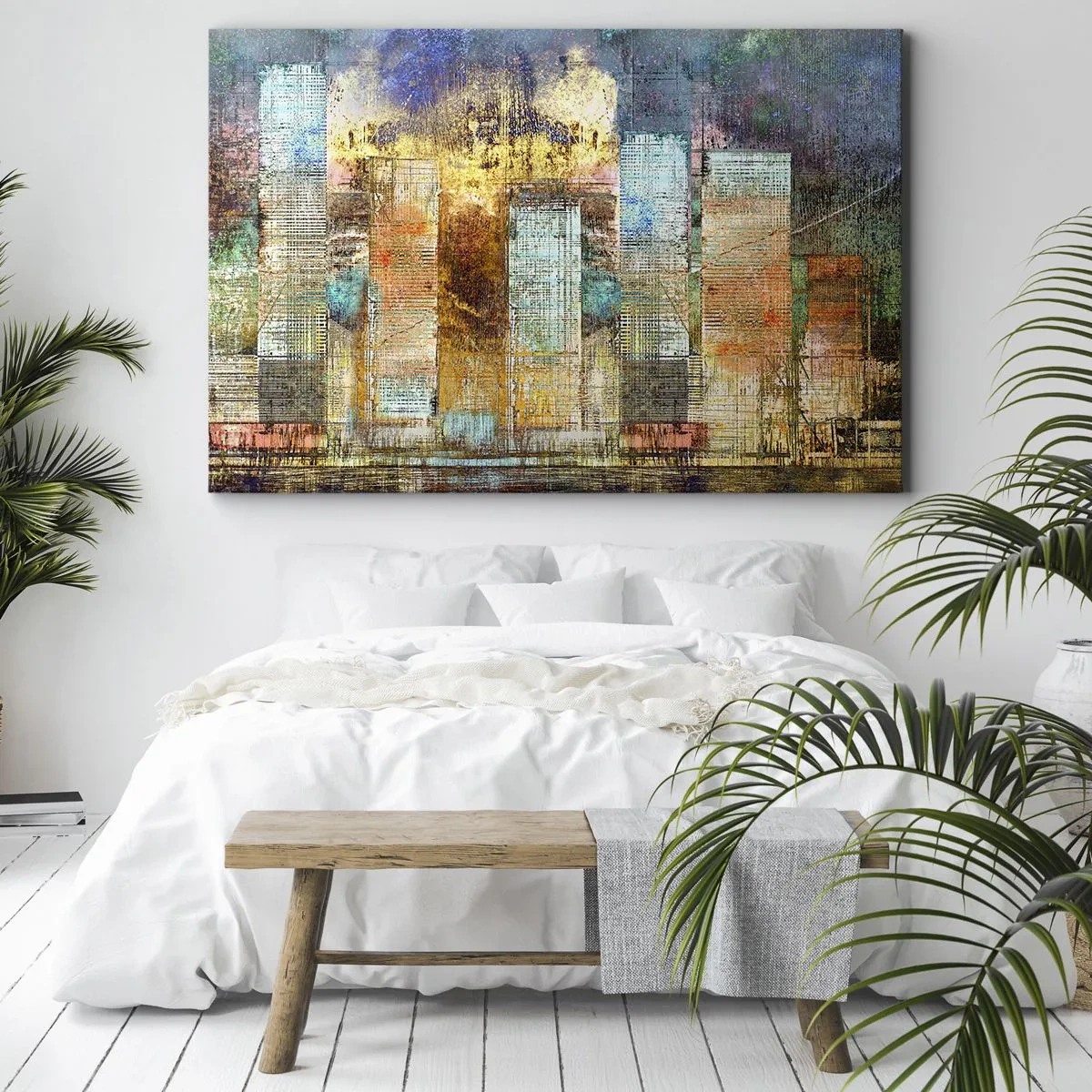Bild auf Leinwand - Leinwandbild - Abstrakte Wolkenkratzer im Industriestil - 100x70cm - Sonnige Metropole - Moderne Wanddekoration für Wohnzimmer und Schlafzimmer ARTTOR