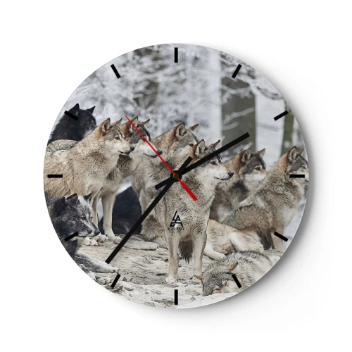 Wanduhr - Glasuhr - Ein Rudel Wölfe in einem Winterwald in einer natürlichen Umgebung - 30x30cm - Familie und Freunde - Moderne Wanddekoration für Wohnzimmer, Küche und Schlafzimmer ARTTOR