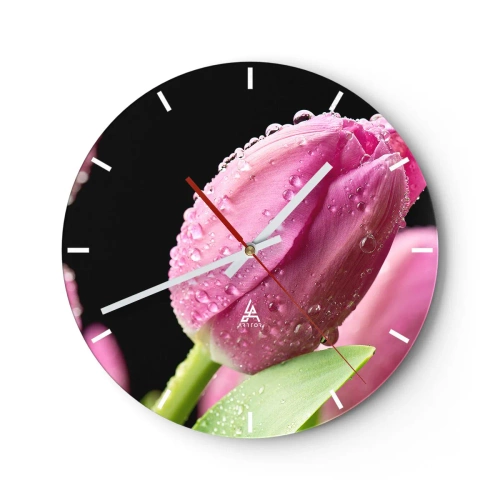 Wanduhr - Glasuhr - Eine rosa Tulpe mit Tautropfen auf dunklem Hintergrund. - 30x30cm - Lila Traum im Tau - Moderne Wanddekoration für Wohnzimmer, Küche und Schlafzimmer ARTTOR