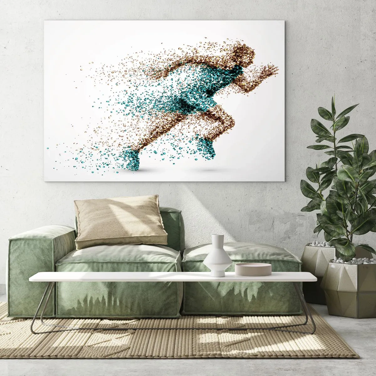 Glasbild - Bild auf glas - Eine Läuferfigur aus bunten Partikeln - 100x70cm - Das Leben ist ein Lauf - Moderne Wanddekoration für Wohnzimmer und Schlafzimmer ARTTOR