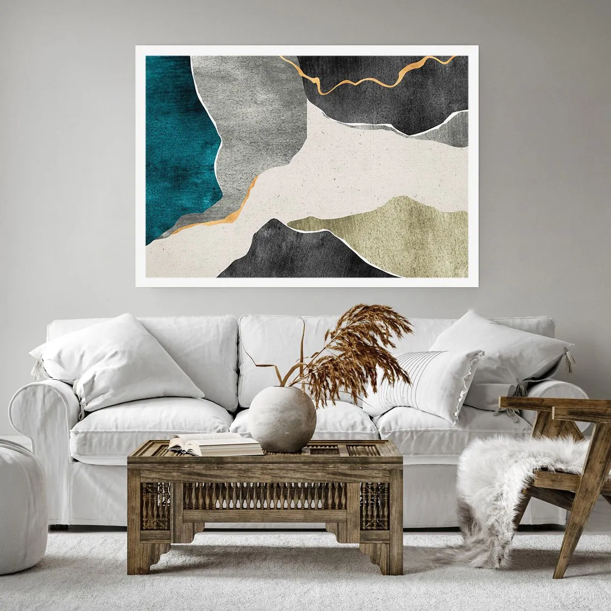 Poster - Geometrische Formen in Grau-, Grün- und Goldtönen - 100x70cm - Mosaikkomposition mit Goldfaden - Moderne Wanddekoration für Wohnzimmer und Schlafzimmer ARTTOR