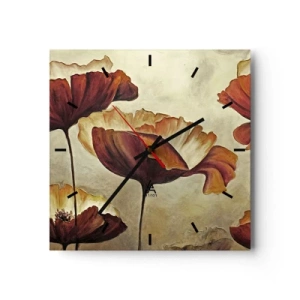 Wanduhr - Glasuhr - Dezente Blumen in Rot- und Goldtönen auf hellem Untergrund - 30x30cm - Weideland - Moderne Wanddekoration für Wohnzimmer und Schlafzimmer ARTTOR