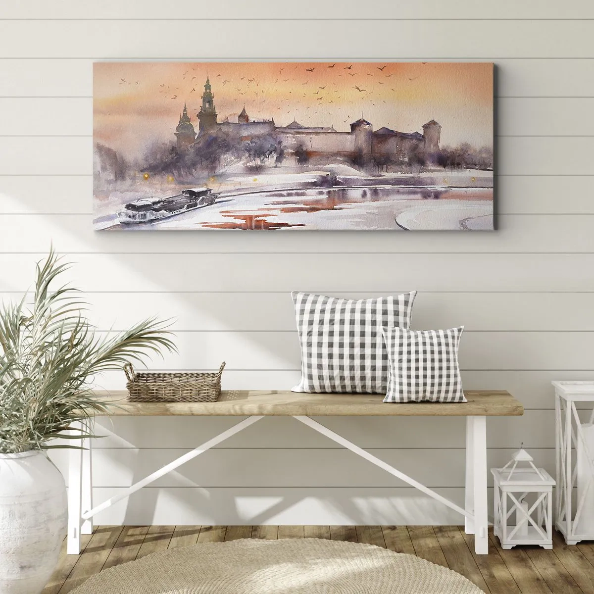 Bild auf Leinwand - Leinwandbild - Sonnenuntergang über dem Schloss in einer Winterlandschaft - 140x50cm - Königlicher Sonnenuntergang - Moderne Wanddekoration für Wohnzimmer und Schlafzimmer ARTTOR