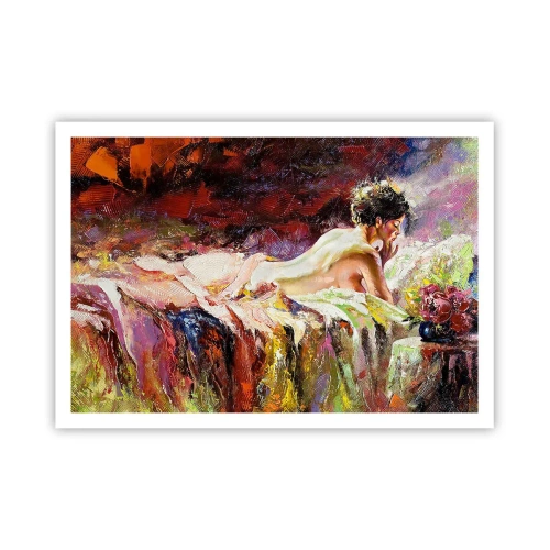 Poster - Eine Frau liegt auf einem Bett vor einem Hintergrund aus abstrakten Farben. - 100x70cm - Venus in Gedanken - Moderne Wanddekoration für Wohnzimmer und Schlafzimmer ARTTOR