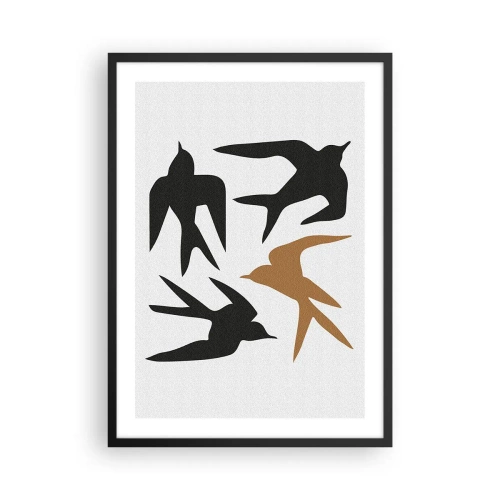 Poster in einem schwarzem Rahmen - Stilisierte Silhouetten von Schwalben auf hellem Hintergrund - 50x70cm - Schwalbenspaß - Moderne Wanddekoration für Wohnzimmer und Schlafzimmer ARTTOR