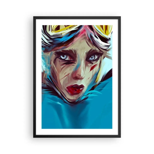 Poster in einem schwarzem Rahmen - Porträt einer Frau mit intensivem Blick und blauem Hintergrund - 50x70cm - Strassenkämpferin - Moderne Wanddekoration für Wohnzimmer und Schlafzimmer ARTTOR